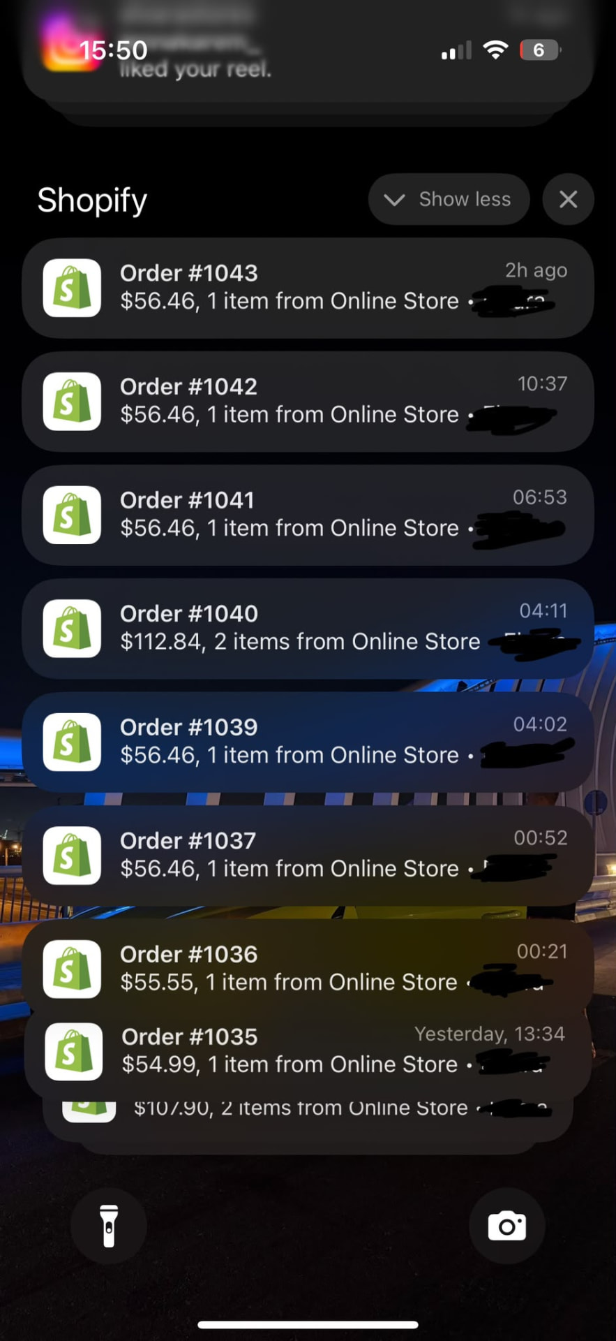 Student result showing a stream of Shopify order notifications